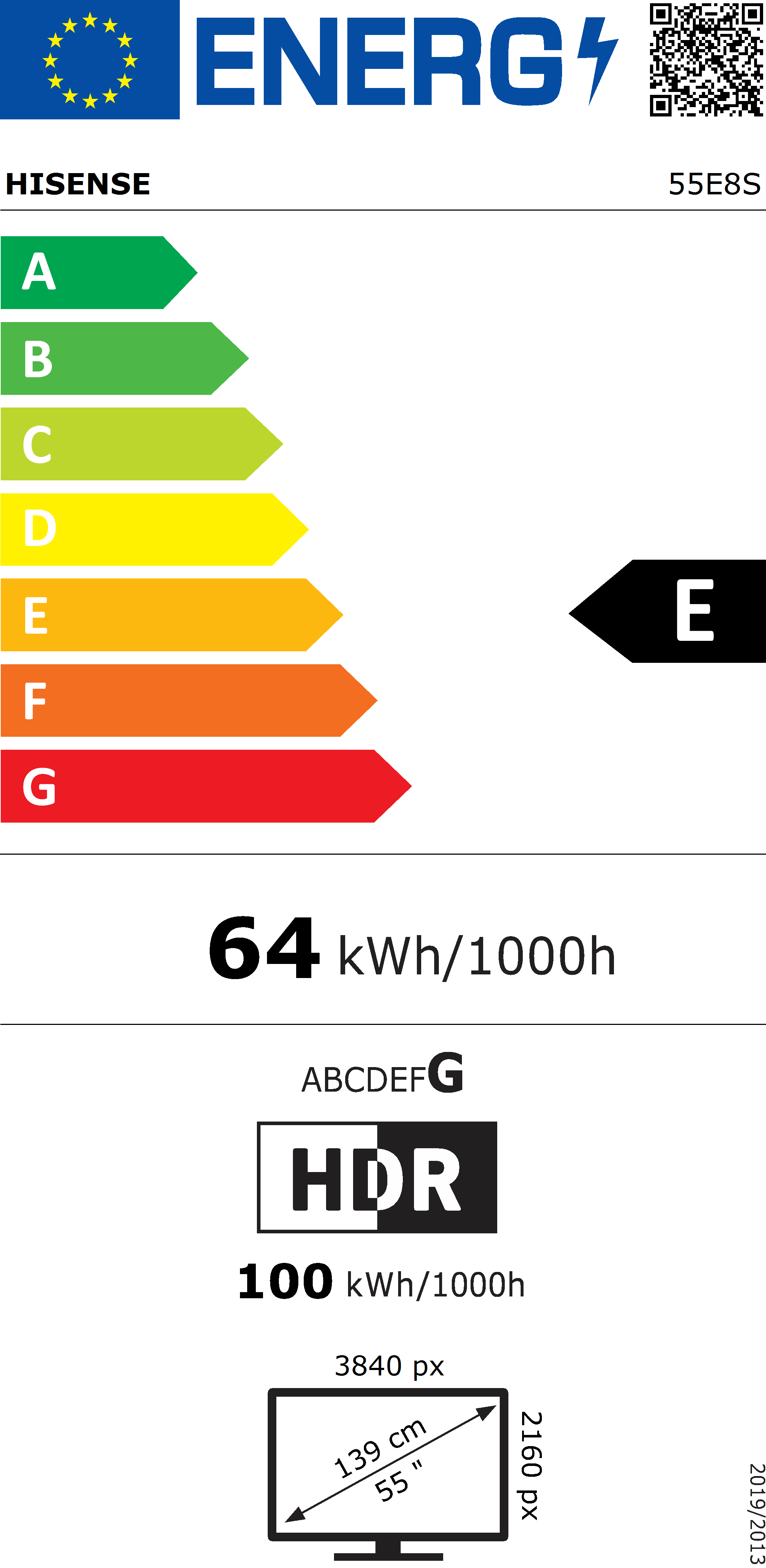 HISENSE 55 inča 55E8S ULED 4K UHD Smart TV - energetska nalepnica