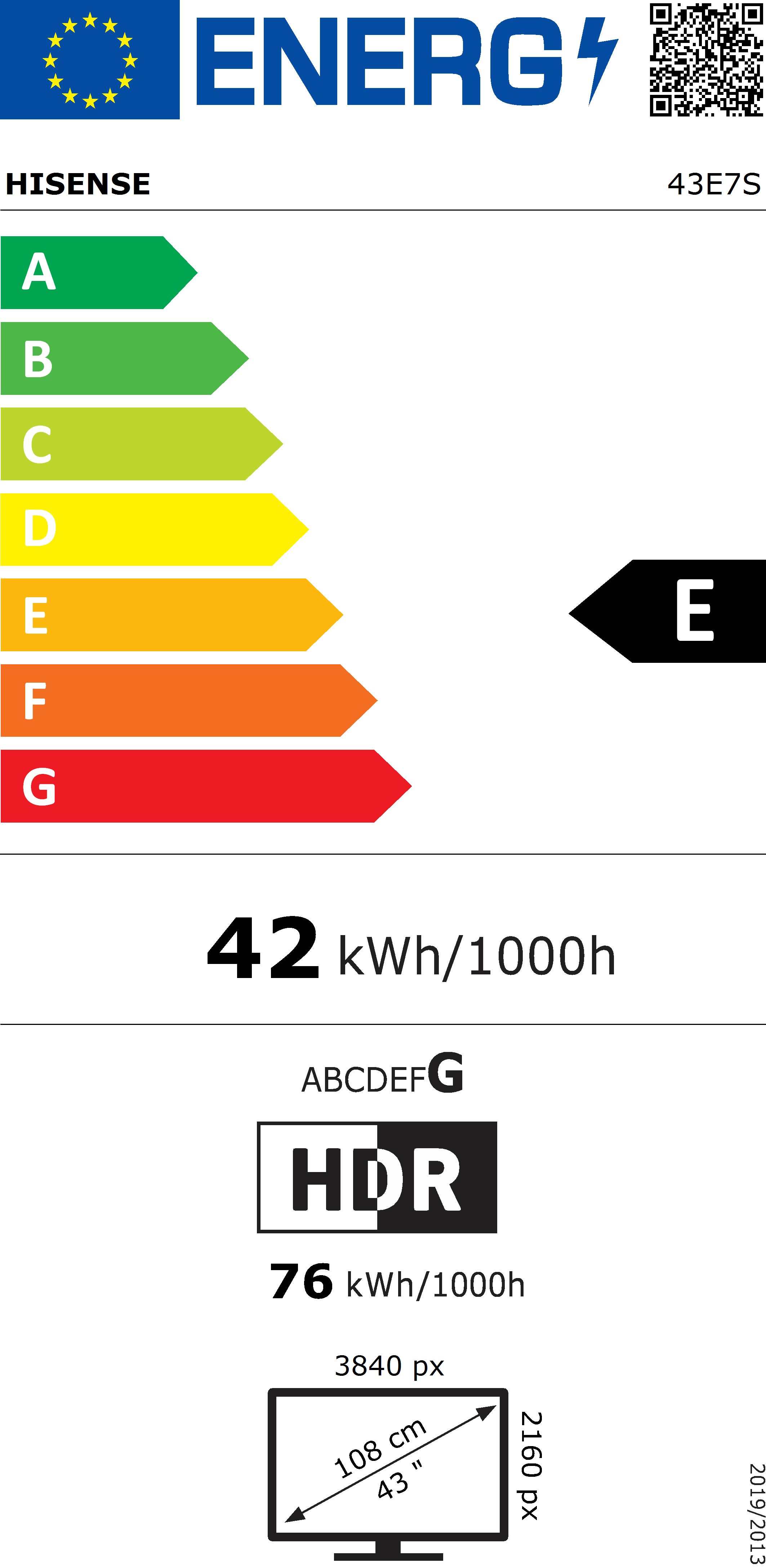 HISENSE 43 inča 43E7S Hi-QLED 4K UHD Smart TV - energetska nalepnica