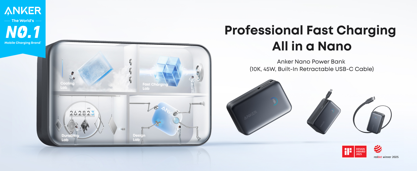 Anker Nano Power Bank 10K, 45W, Built-In Retractable USB-C Cable