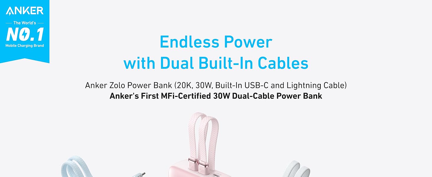 Anker Zolo Power Bank 20K, 30W, Built-In USB-C Cable