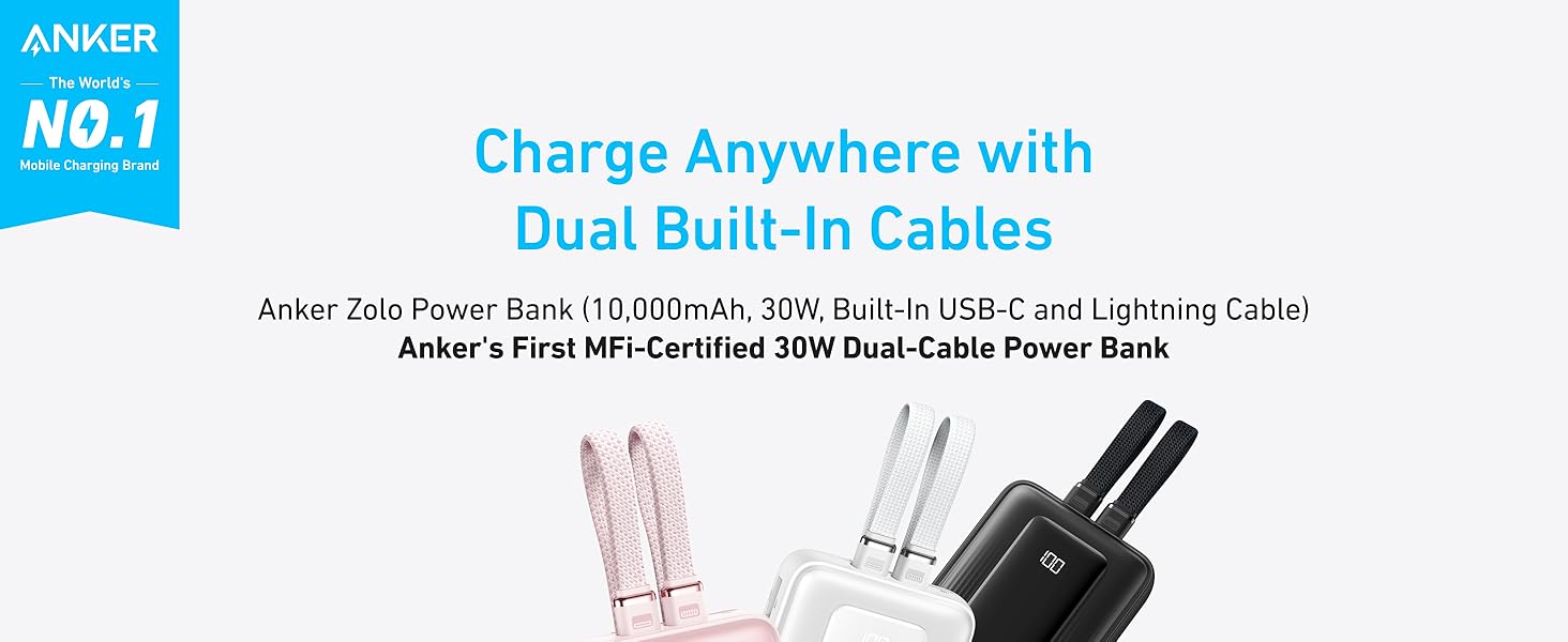 Anker Zolo Power Bank 10K, 35W, Built-In Dual USB-C Cable