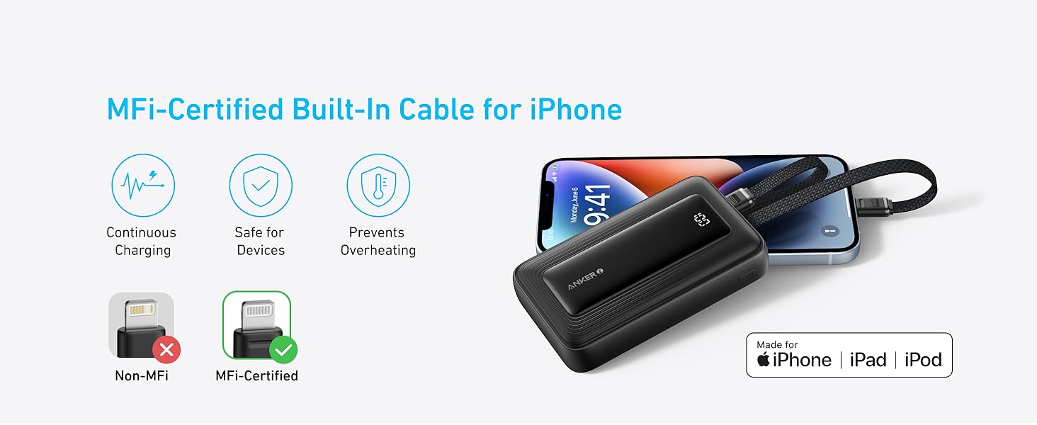 Anker Zolo Power Bank 10K, 35W, Built-In Dual USB-C Cable