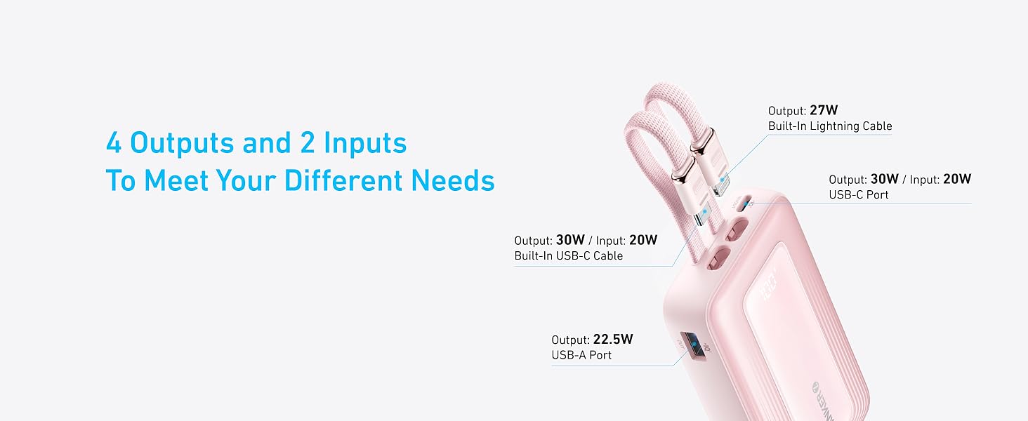 Anker Zolo Power Bank 10K, 35W, Built-In Dual USB-C Cable