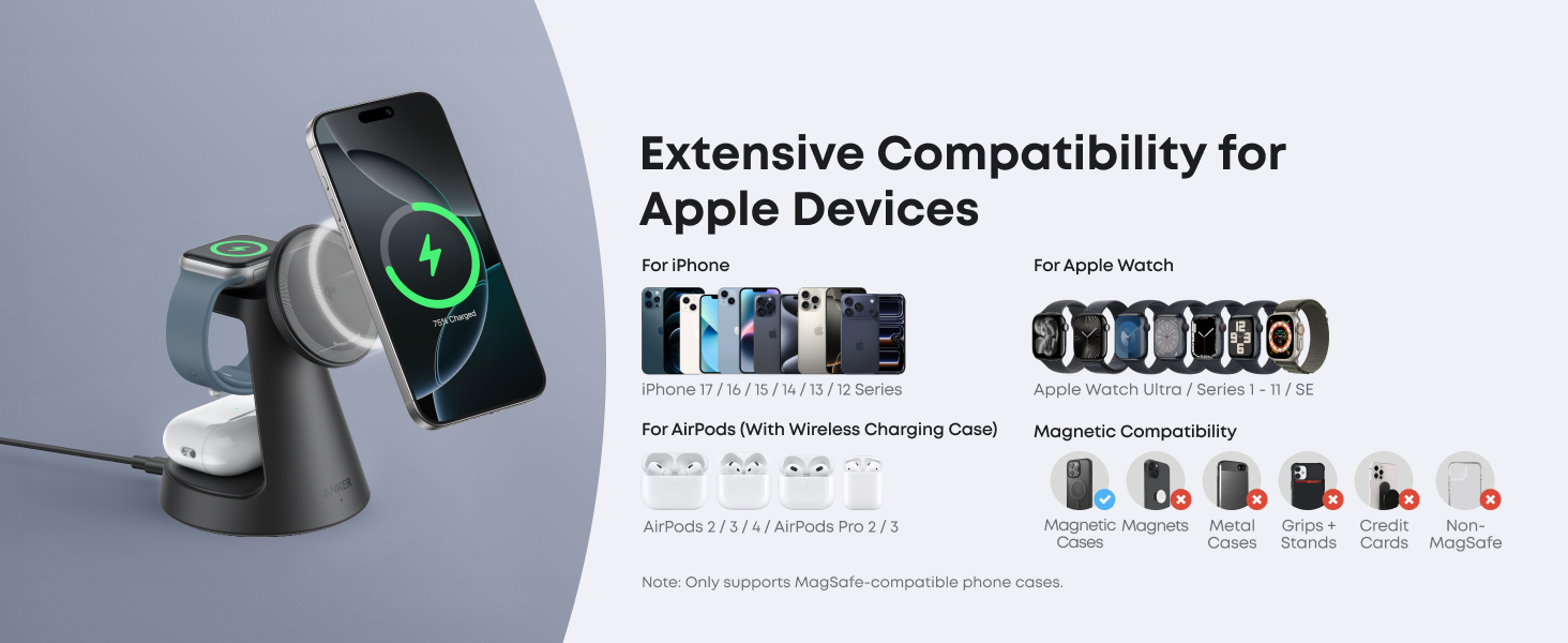 Anker MagGo Wireless Charging Station 3-in-1, Dock Stand cable and charger bundle