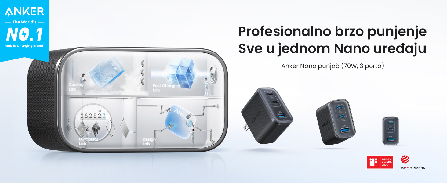 Anker Nano 70W GaN zidni brzi punjač, 3-porta (2x USB-C i 1x USB-A) crni