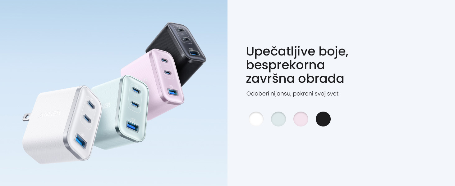 Anker Nano 70W GaN zidni brzi punjač, 3-porta (2x USB-C i 1x USB-A) crni