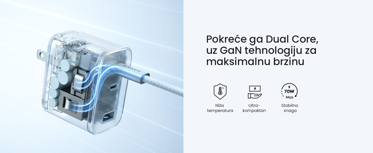 Anker Nano 70W GaN zidni brzi punjač, 3-porta (2x USB-C i 1x USB-A) crni