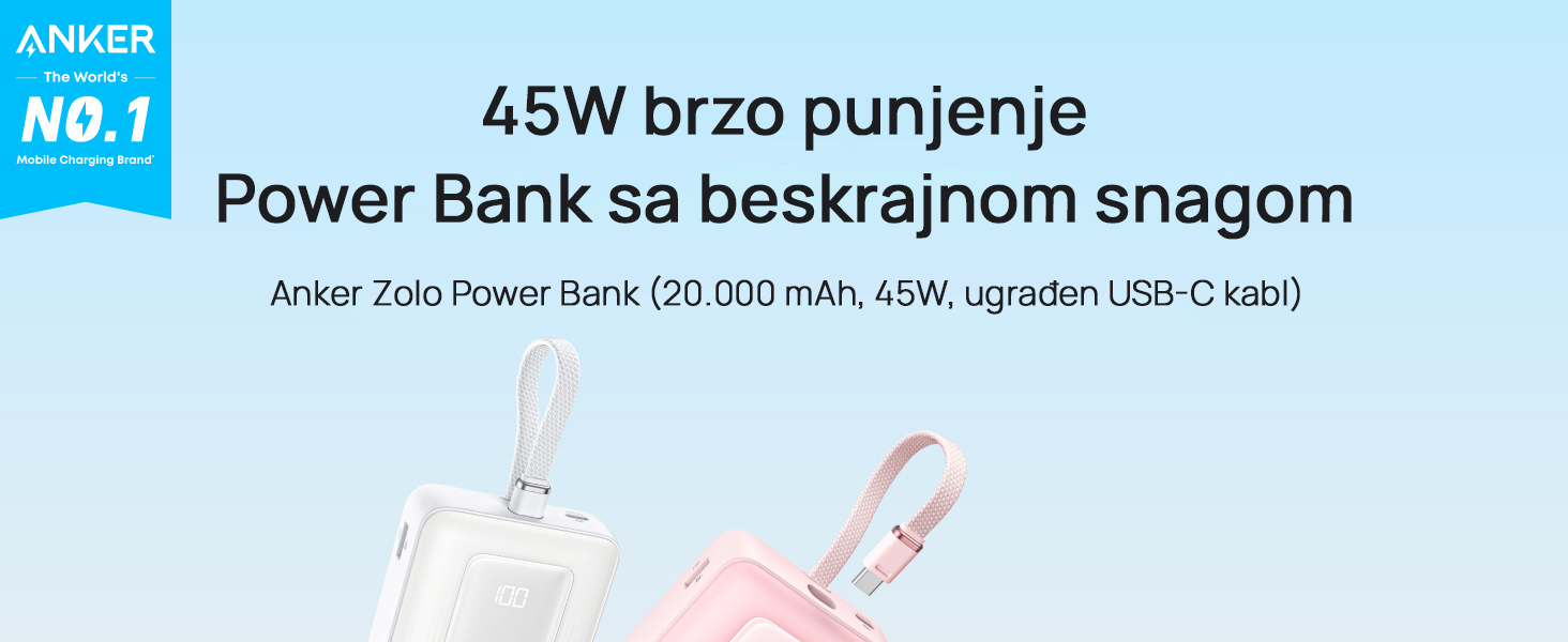 Anker Zolo 20000mAh, 22.5W, sa ugrađenim USB-C kablom, Power Bank crni