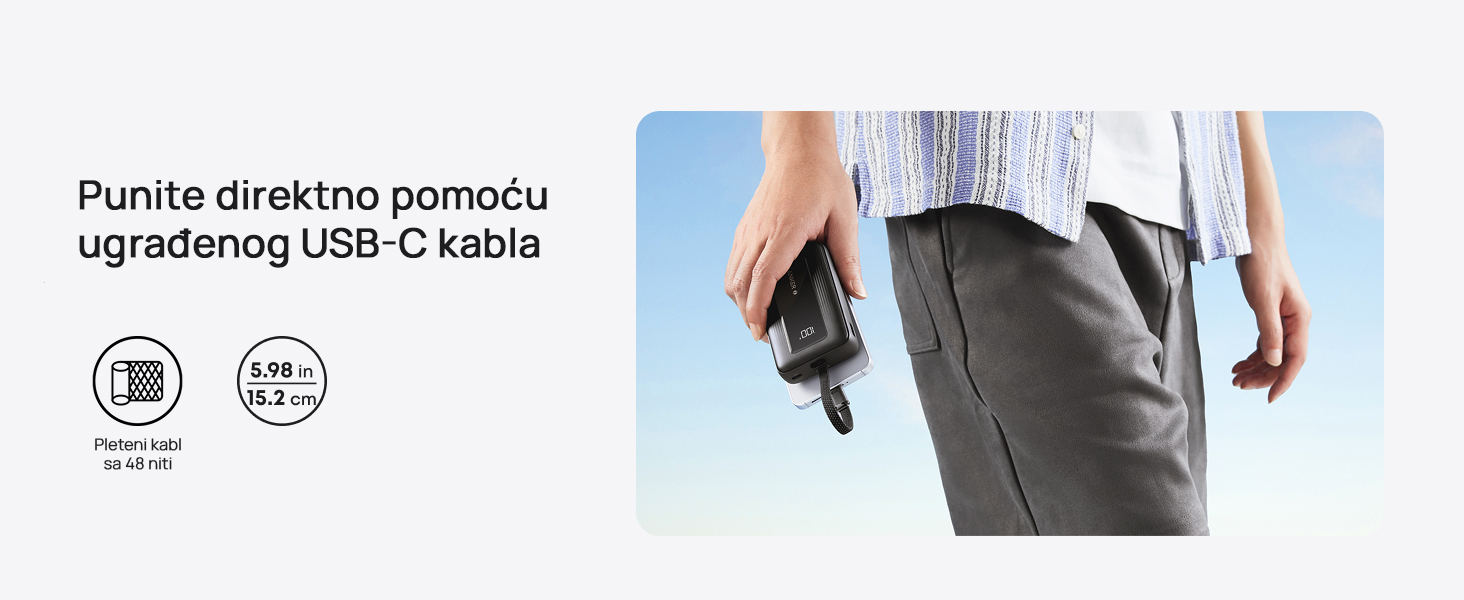 Anker Zolo 20000mAh, 22.5W, sa ugrađenim USB-C kablom, Power Bank crni