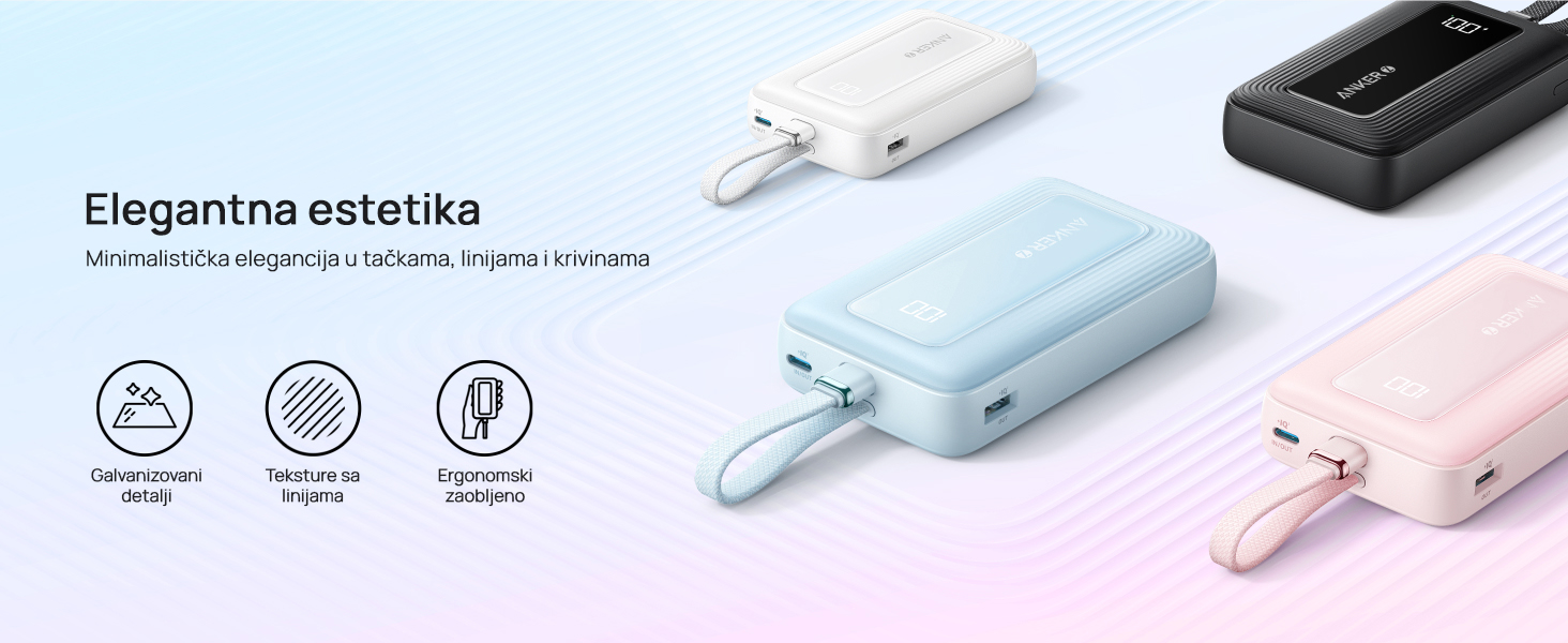 Anker Zolo 20000mAh, 22.5W, sa ugrađenim USB-C kablom, Power Bank crni