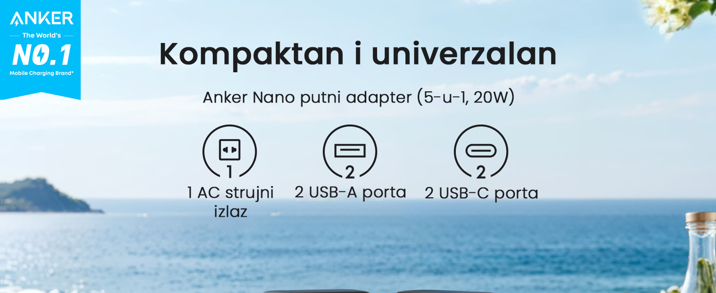Anker Nano 20W putni zidni punjač 5-portova (2x USB-A, 2x USB-C, utičnica EU na US, UK, AU i EU), crni