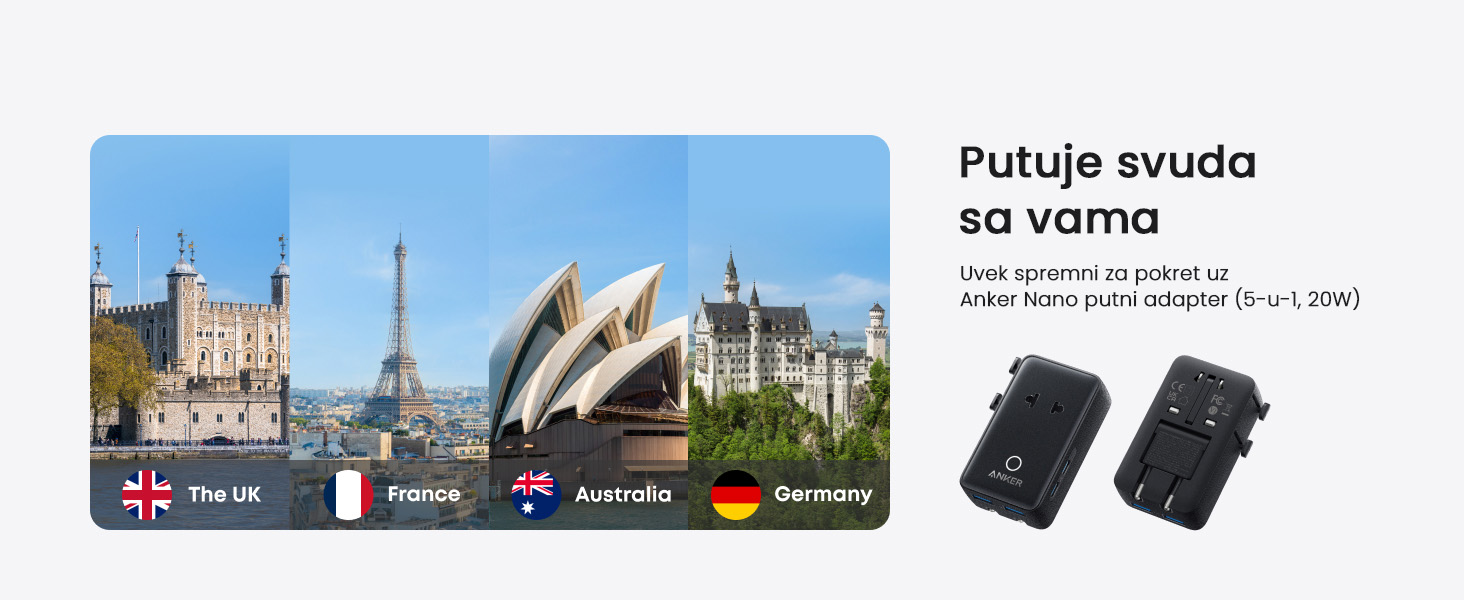Anker Nano 20W putni zidni punjač 5-portova (2x USB-A, 2x USB-C, utičnica EU na US, UK, AU i EU), crni