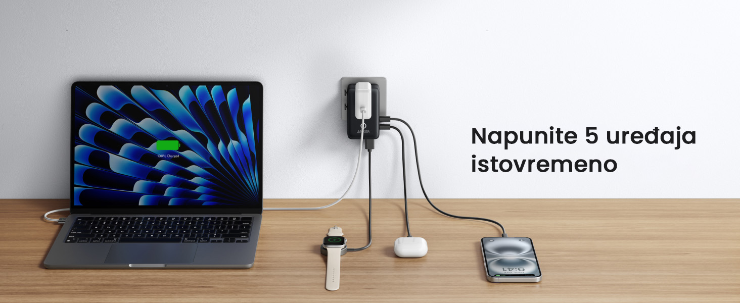 Anker Nano 20W putni zidni punjač 5-portova (2x USB-A, 2x USB-C, utičnica EU na US, UK, AU i EU), crni