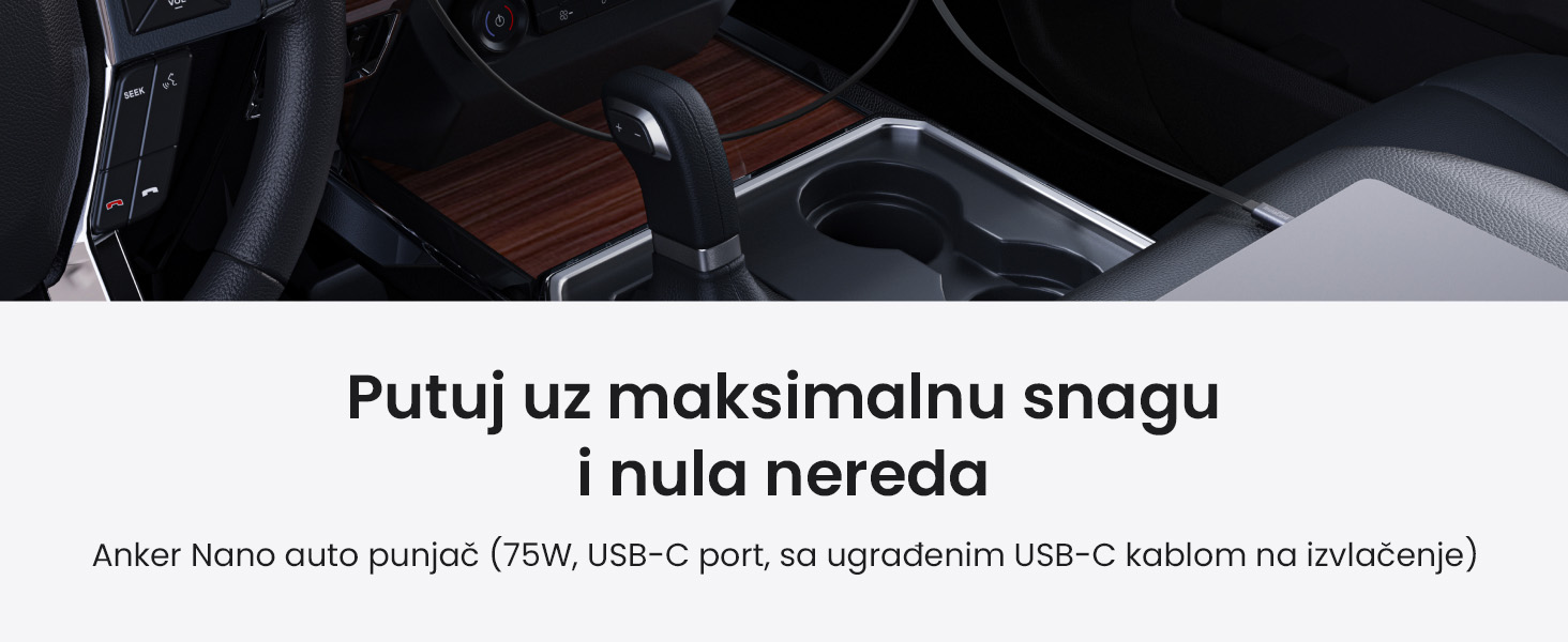 Anker Nano 75W, sa ugrađenim USB-C kablom na izvlačenje i USB-C portom, auto punjač