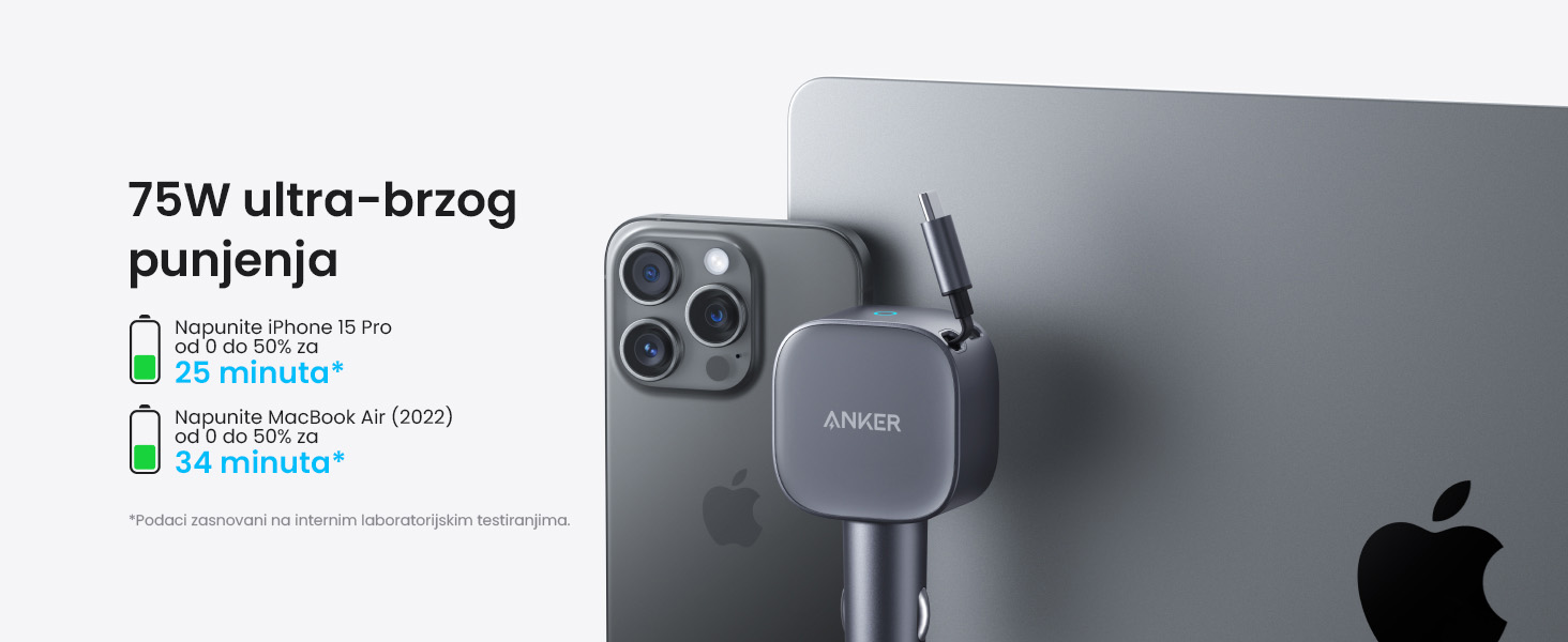 Anker Nano 75W, sa ugrađenim USB-C kablom na izvlačenje i USB-C portom, auto punjač