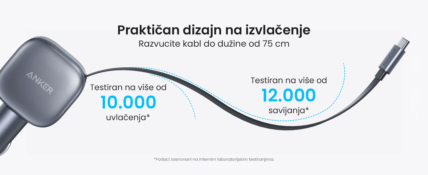 Anker Nano 75W, sa ugrađenim USB-C kablom na izvlačenje i USB-C portom, auto punjač