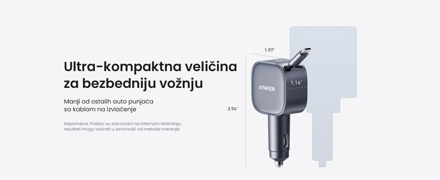 Anker Nano 75W, sa ugrađenim USB-C kablom na izvlačenje i USB-C portom, auto punjač