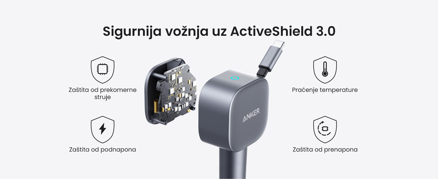 Anker Nano 75W, sa ugrađenim USB-C kablom na izvlačenje i USB-C portom, auto punjač