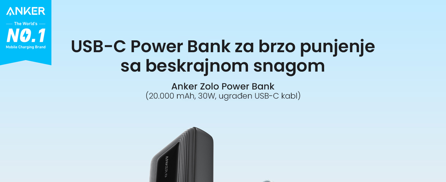 Anker Zolo 20000mAh, 30W, sa ugrađenim USB-C kablom, Power Bank beli