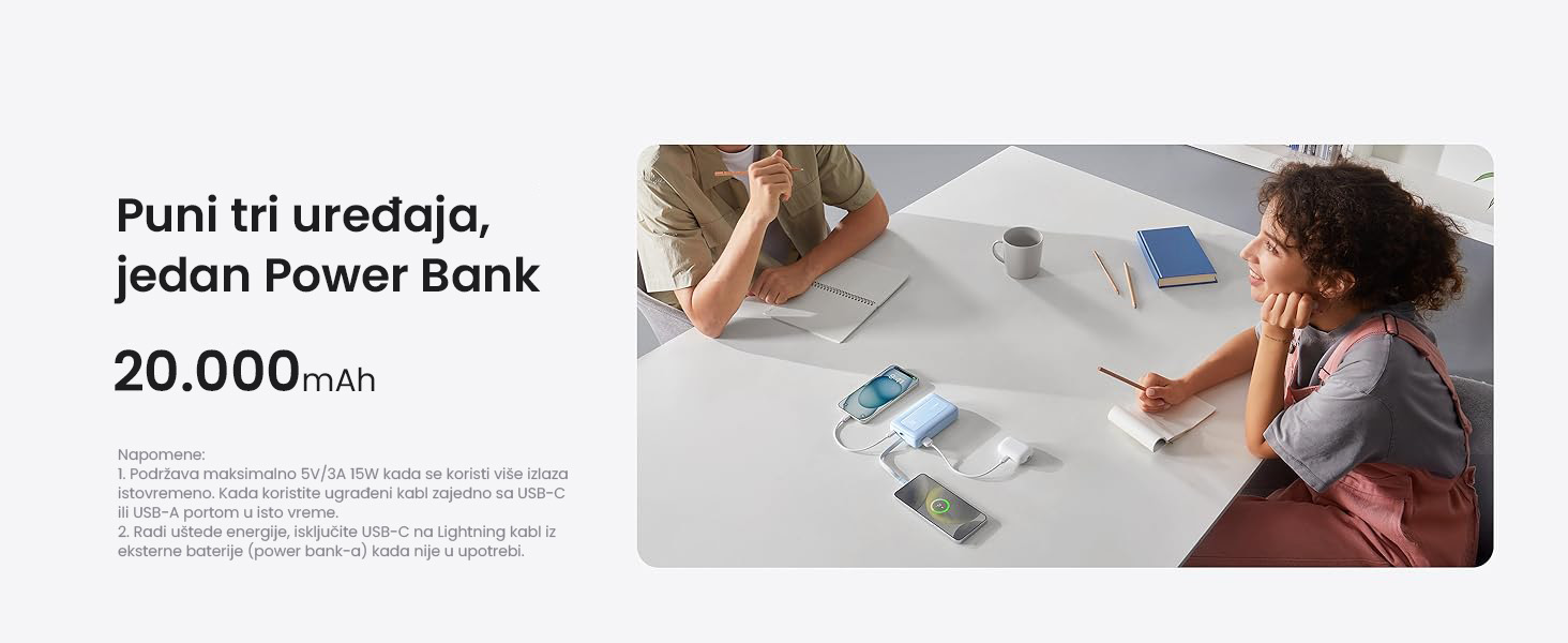 Anker Zolo 20000mAh, 30W, sa ugrađenim USB-C kablom, Power Bank beli