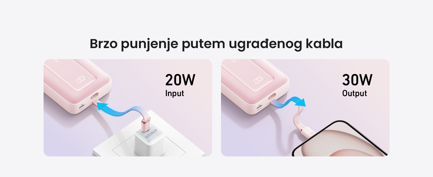 Anker Zolo 20000mAh, 30W, sa ugrađenim USB-C kablom, Power Bank beli