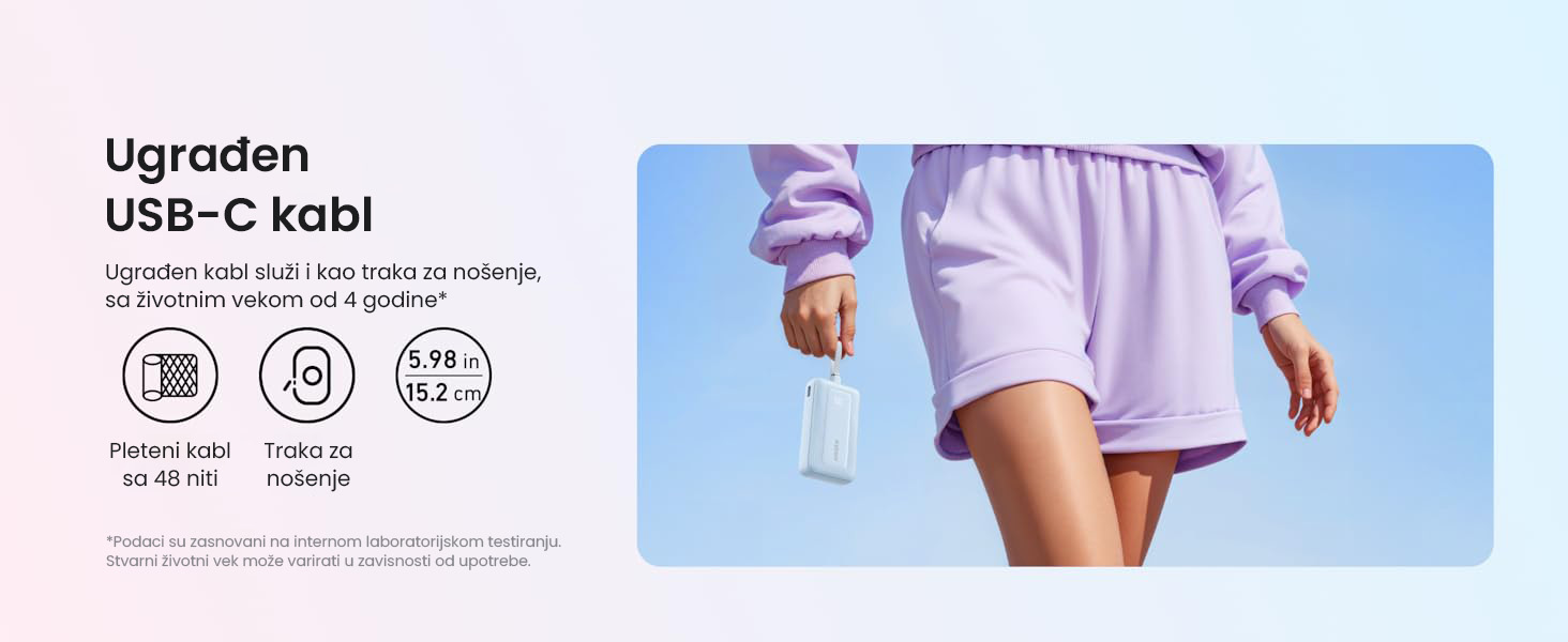 Anker Zolo 20000mAh, 30W, sa ugrađenim USB-C kablom, Power Bank beli