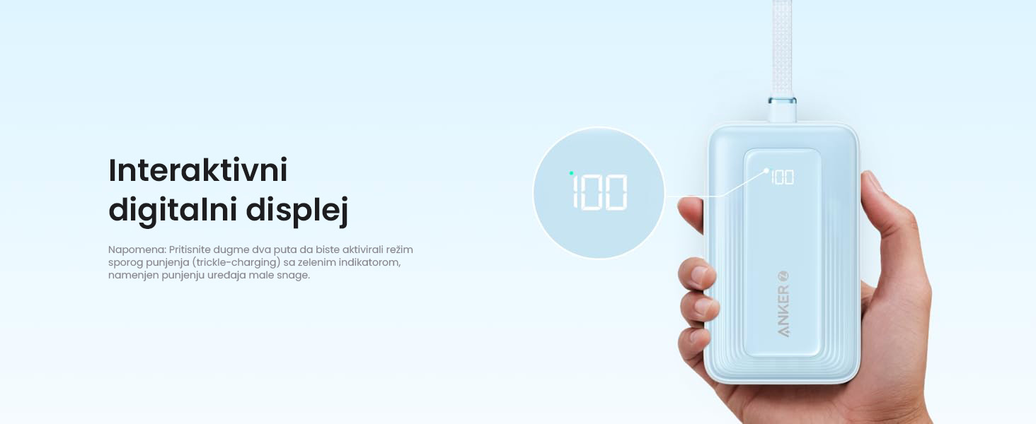 Anker Zolo 20000mAh, 30W, sa ugrađenim USB-C kablom, Power Bank beli