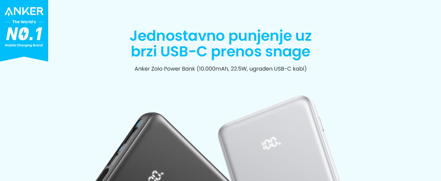 Anker Zolo 20000mAh, 22.5W, sa ugrađenim USB-C kablom, Power Bank crni