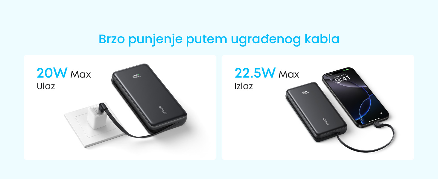 Anker Zolo 20000mAh, 22.5W, sa ugrađenim USB-C kablom, Power Bank crni