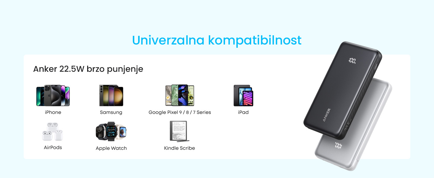 Anker Zolo 20000mAh, 22.5W, sa ugrađenim USB-C kablom, Power Bank crni