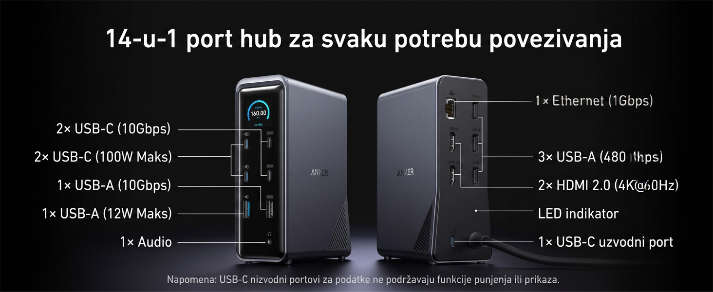 Anker Prime Docking Stanica 160W, 14u1, Dual Display