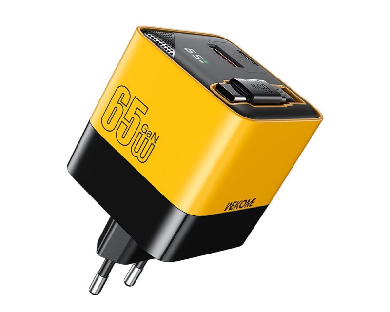 WEKOME WP-U39 Superbrzi Strujni GaN punjač, 2-porta USB (3.0 i 3.1 tip C) 65W sa displlejom i USB 3.1 tip C kablom 0.8m, žuti 
