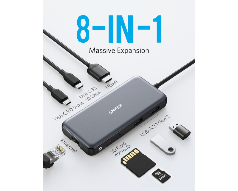 USB-C Data Hub, 8u1 Multiport, PD 85W, 10Gbps crni