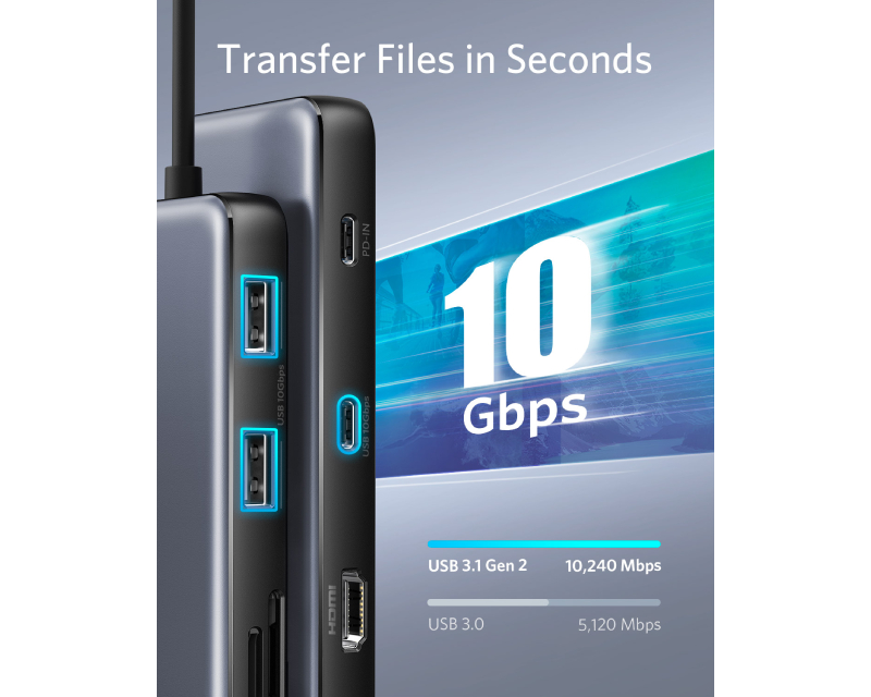 USB-C Data Hub, 8u1 Multiport, PD 85W, 10Gbps crni