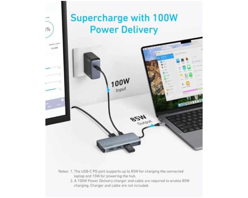 USB-C Data Hub, 8u1, Triple Display, PD 85W doking stanica siva