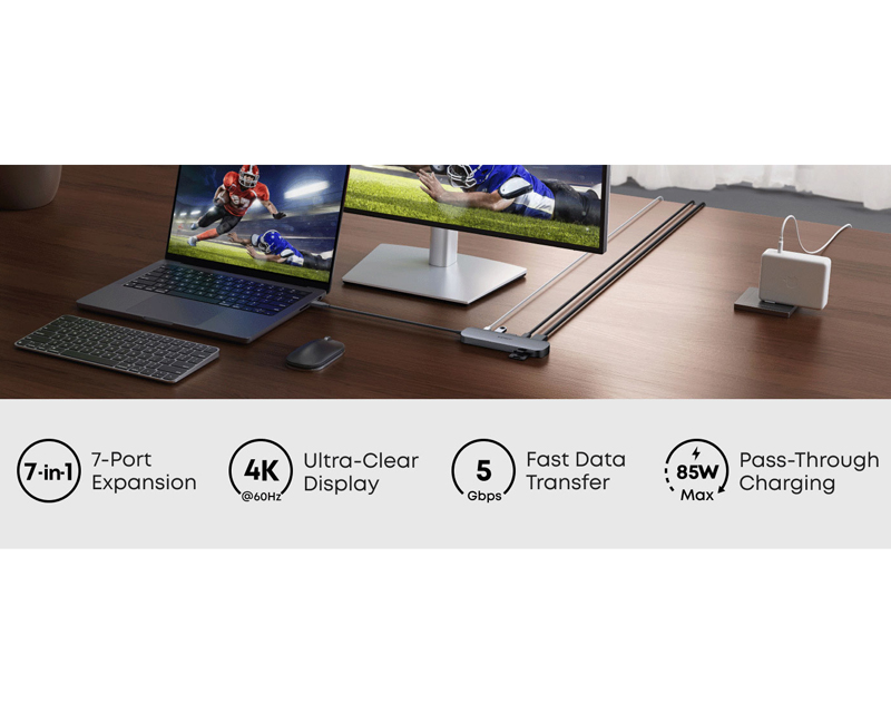 Nano USB-C Hub 7u1, sivi