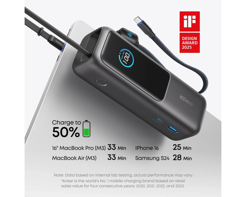 25000mAh, 165W, sa ugrađenim USB-C kablom na izvlačenje, Power Bank za laptop crni