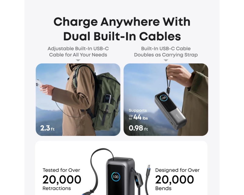 25000mAh, 165W, sa ugrađenim USB-C kablom na izvlačenje, Power Bank za laptop crni