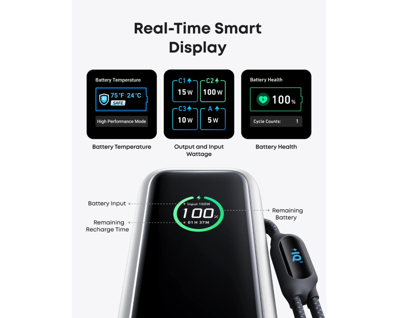 25000mAh, 165W, sa ugrađenim USB-C kablom na izvlačenje, Power Bank za laptop crni