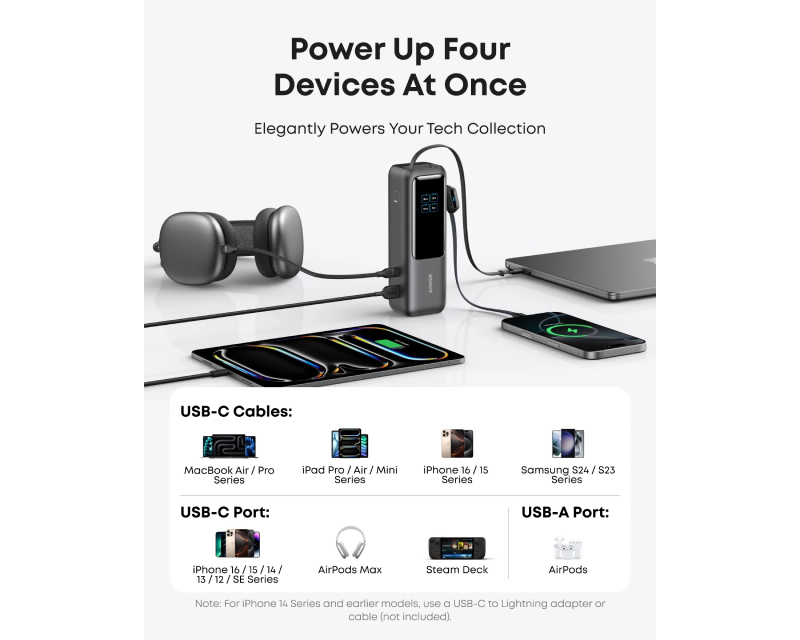 25000mAh, 165W, sa ugrađenim USB-C kablom na izvlačenje, Power Bank za laptop srebrni