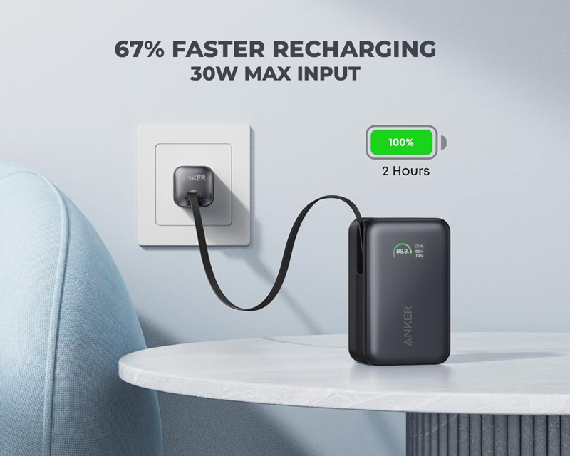 Nano 10000mAh, 45W, sa ugrađenim USB-C kablom na izvlačenje, Power Bank crni