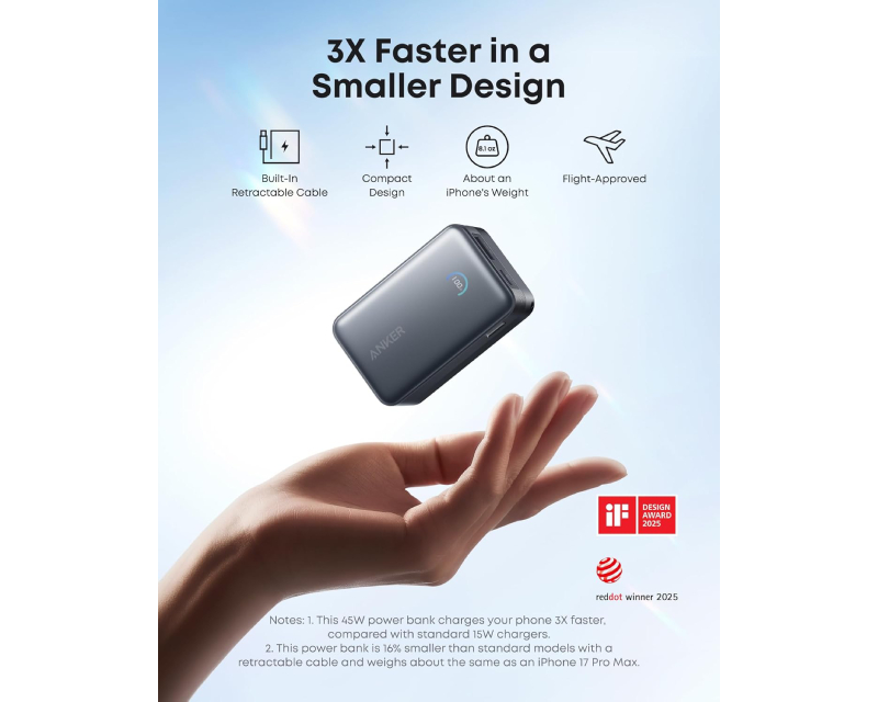 Nano 10000mAh, 45W, sa ugrađenim USB-C kablom na izvlačenje, Power Bank crni