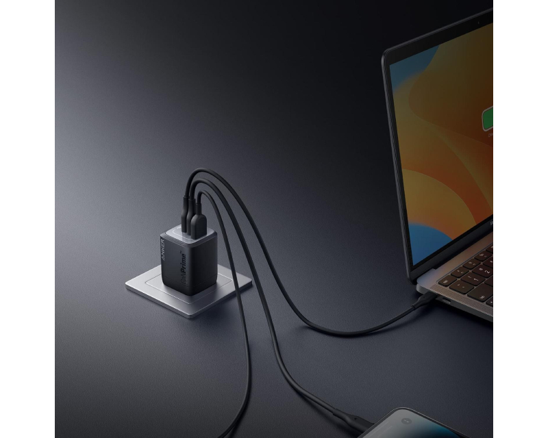 Prime 67W GaN zidni brzi punjač, 3-porta (2x USB-C i 1x USB-A) crni