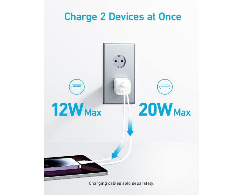 323 33W USB-C zidni punjač 2-porta (USB-A i USB-C), beli