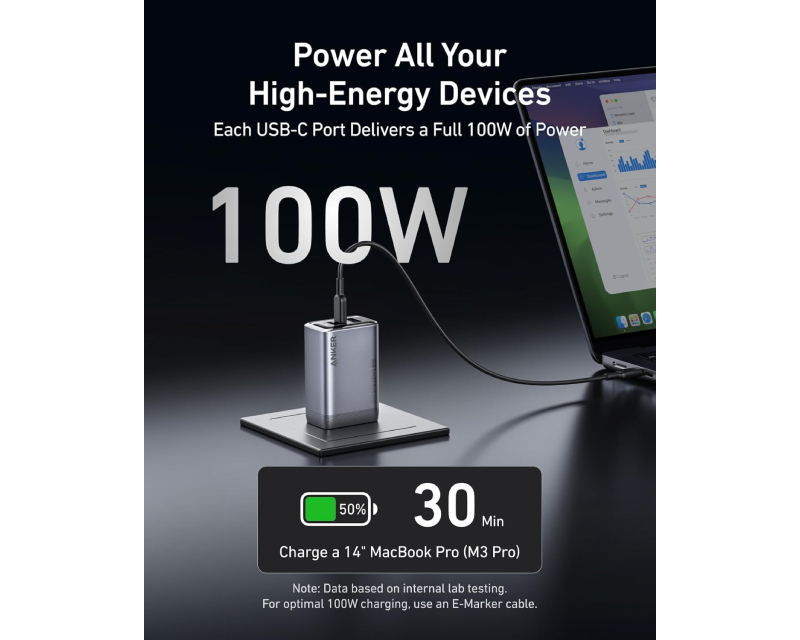 Prime 100W GaN zidni brzi punjač, 3-porta (2x USB-C i 1x USB-A) srebrni