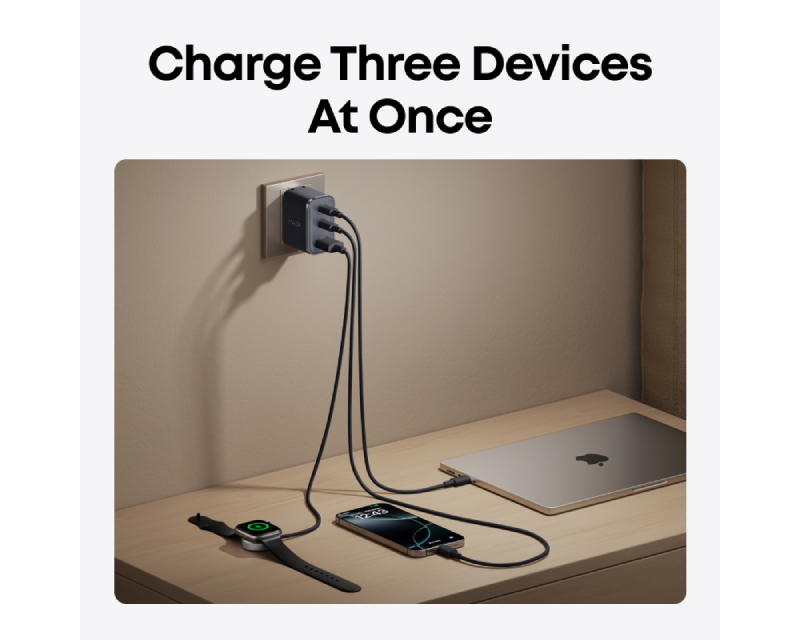 Nano 70W GaN zidni brzi punjač, 3-porta (2x USB-C i 1x USB-A) crni