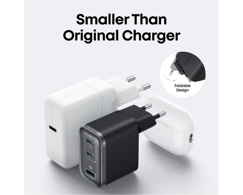 Nano 70W GaN zidni brzi punjač, 3-porta (2x USB-C i 1x USB-A) crni
