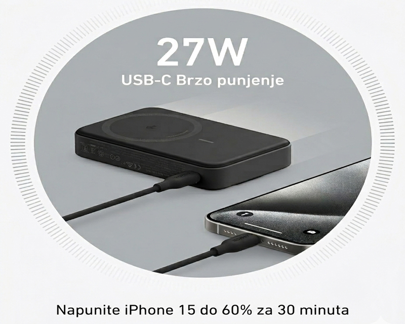 MagGo 10000mAh, 27W, bežični power bank, crni