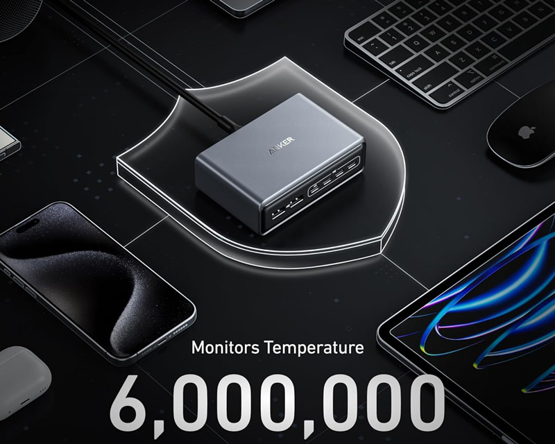 Prime 200W GaN stoni brzi punjač, 6-portova (4x USB-C i 2x USB-A) srebrni