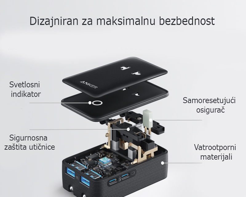 Nano 20W putni zidni punjač 5-portova (2x USB-A, 2x USB-C, utičnica EU na US, UK, AU i EU), crni